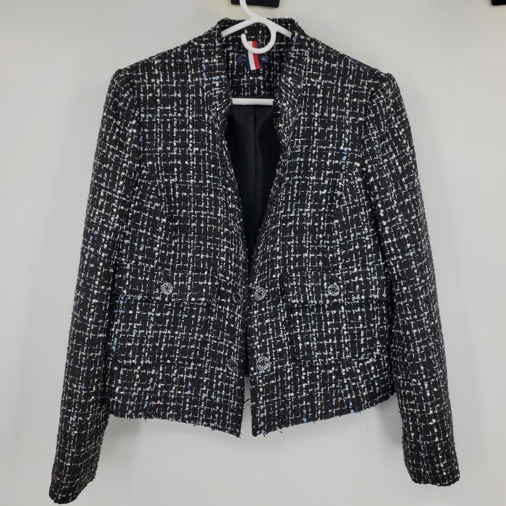 Tommy Hilfiger Womens Tweed Blazer Jacket Black Blue Metallic Plaid Size 14 Prep